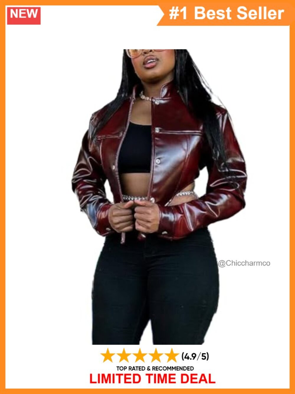 Faux Leather Cropped Bomber Motorcycle Jacket Button Front Women's